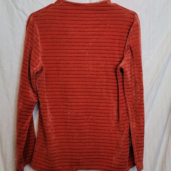 Vintage Velour Pullover Shirt Long Sleeve Rust Red V Neck Textured Stripe - Picture 8 of 8